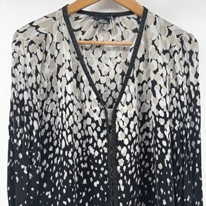 Etcetera Silk Animal Print Blouse Leather Trim V-Neck Ruched Cuffs Black Tan 12